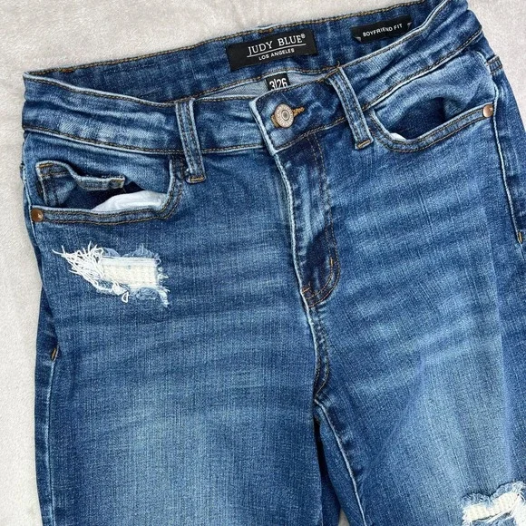 Judy Blue Jeans Womens‎ 26 Blue Boyfriend Fit Distress Patched Stretch Denim - Picture 6 of 15